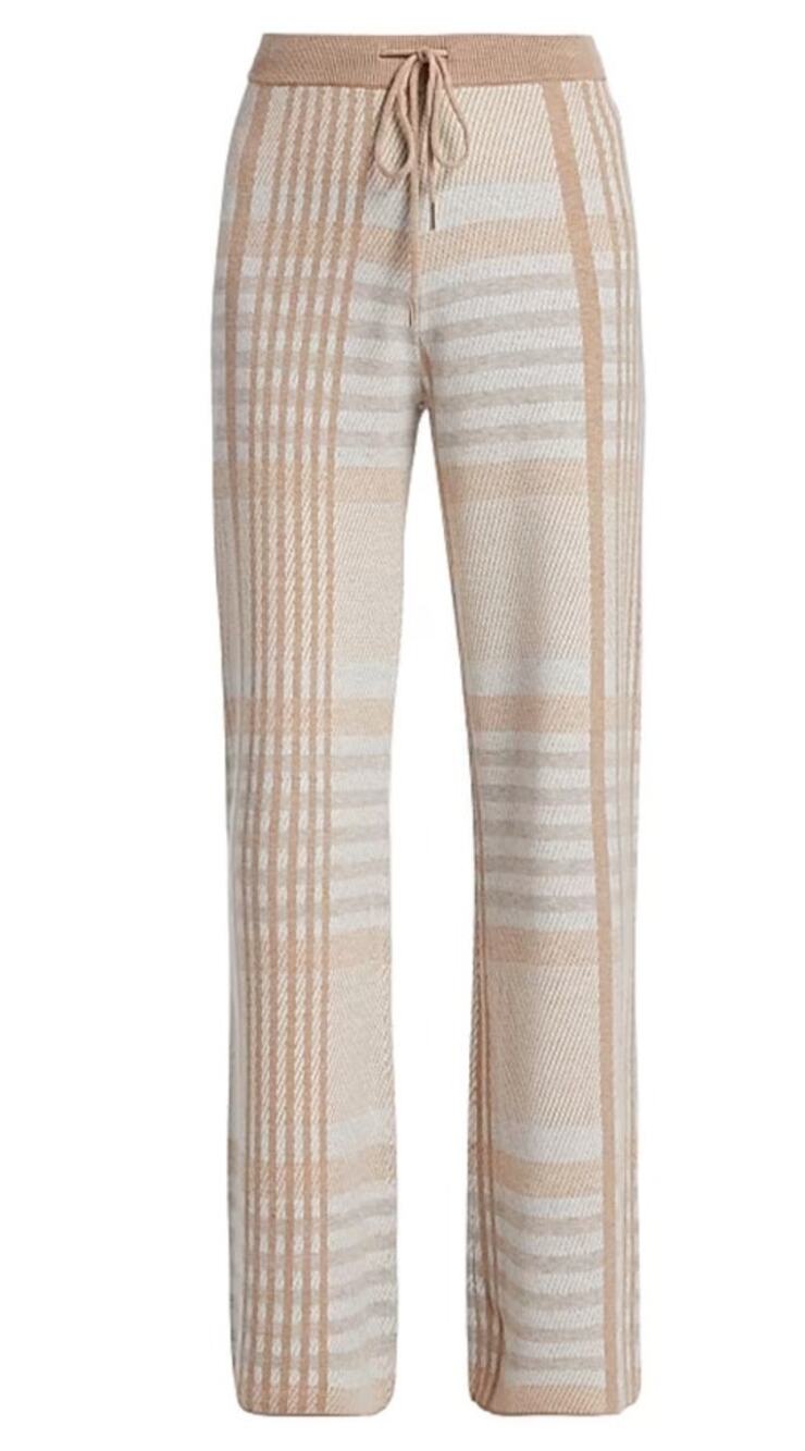 Elie Tahari XS Knit Lounge Pants Neutral Birdseye Plaid Wide Leg Soft Comfy Chic